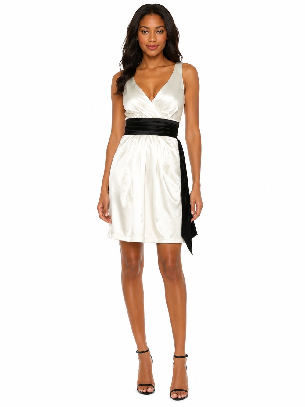 White Ivory Satin Cocktail Dress Black Waist Sash Wedding Guest 5/6 V neck